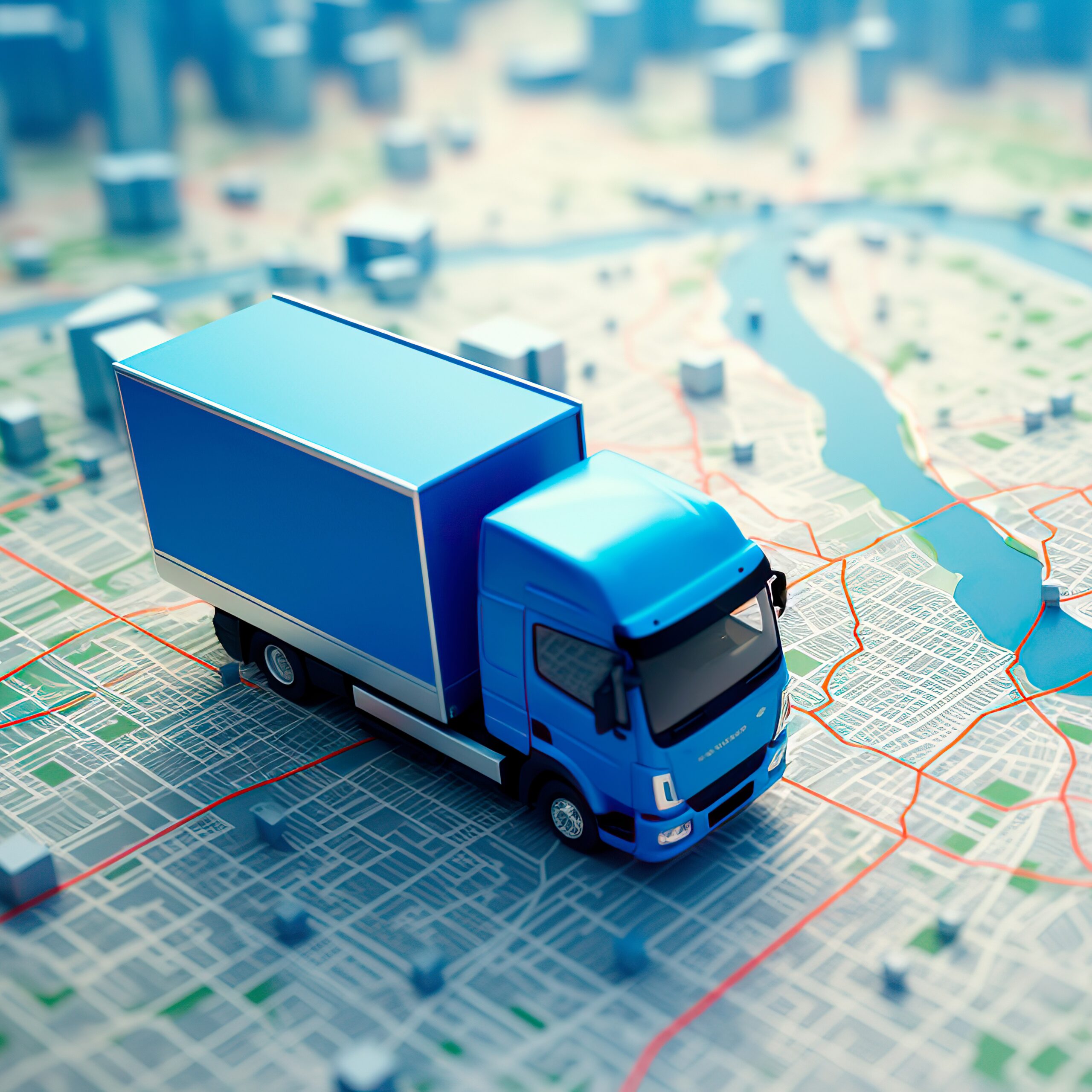 Blauer LKW auf Stadtkarte und dreidimensional angedeuteten blauen Immobilien der mit der syntona App von Allgeier inovar gesteuert wird.