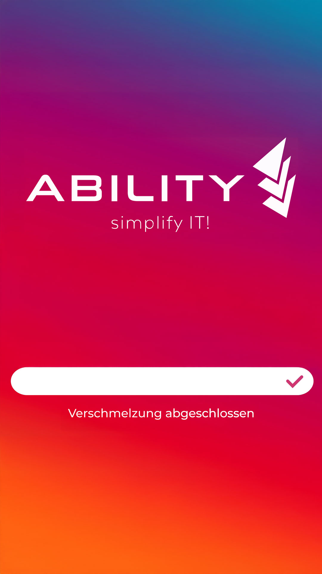 Weißes ABILITY-Logo mit Icon auf rot-violettem Verlauf und dem Hinweis, dass die Verschmelzung mit Allgeier inovar abgeschlossen ist.