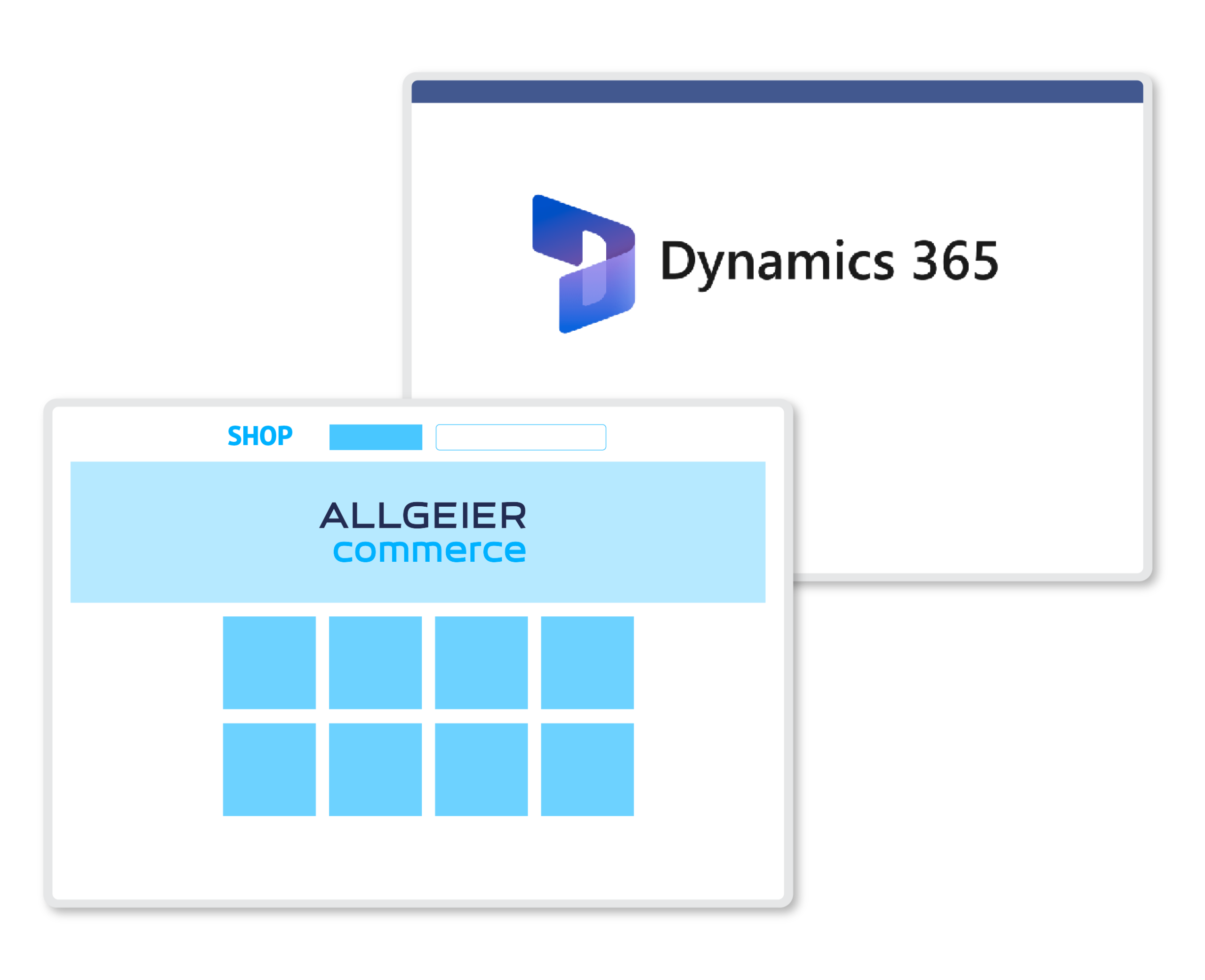 Ein hell gehaltene Grafik in der die Verbindung von Allgeier Commerce und Dynamics 365 von Microsoft mit Pfeilen symbolisiert wird.