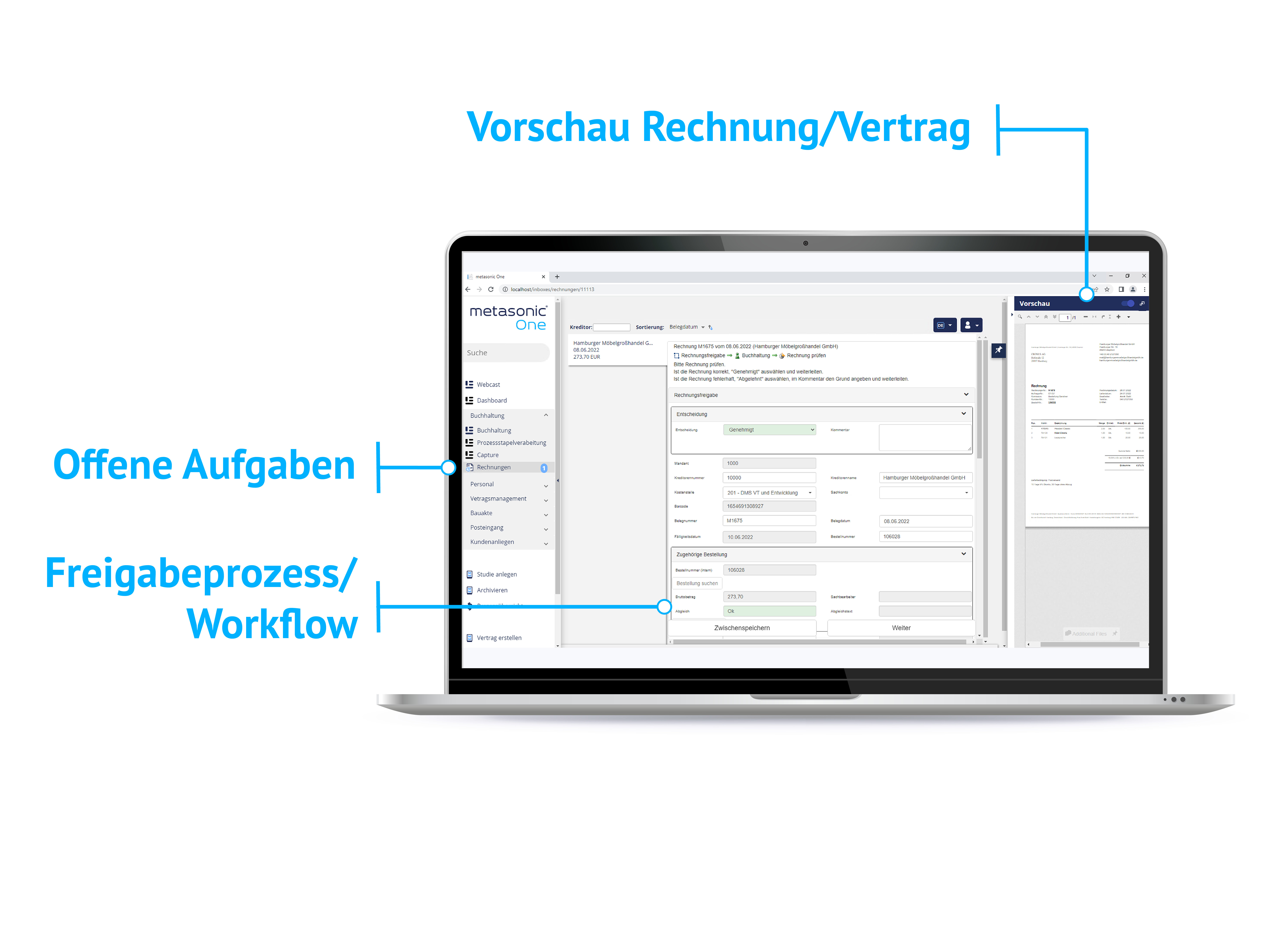 Screenshot in Monitor-Mock-up von einem metasonic-Rechnungsfreigabe-Workflow, der Dokumentenmanagement-Lösung von Allgeier inovar.