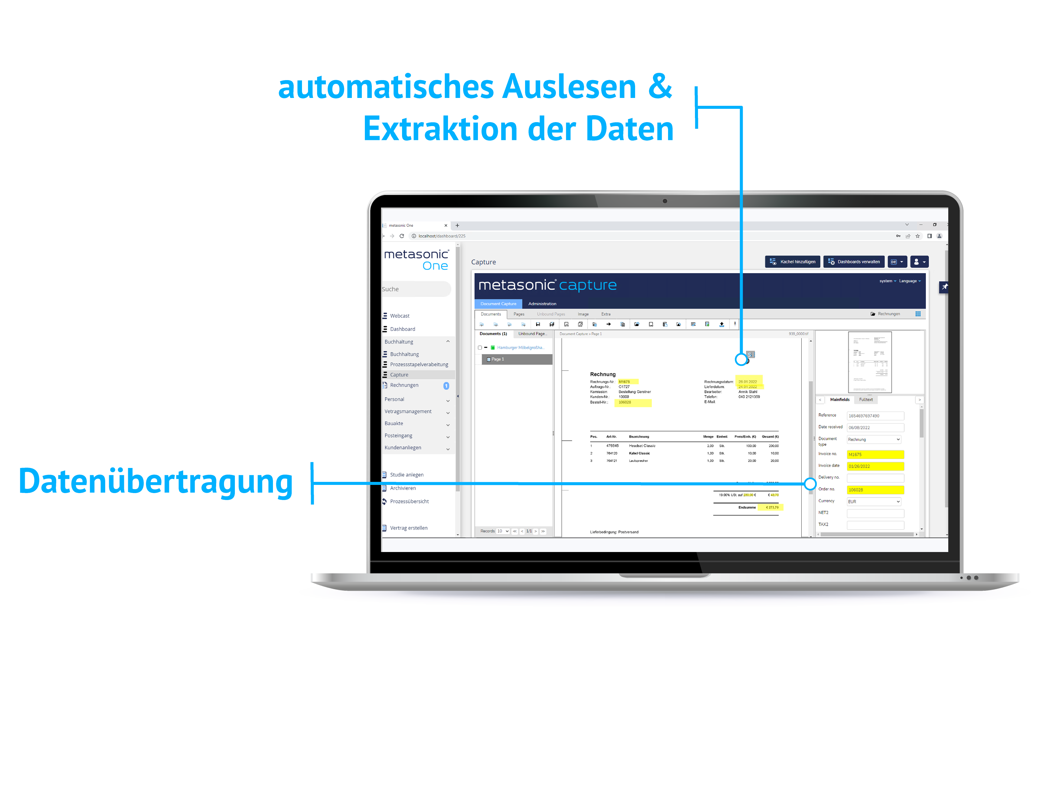 Screenshot in Monitor-Mock-up von metasonic capture, der Dokumentenmanagement-Lösung von Allgeier inovar.