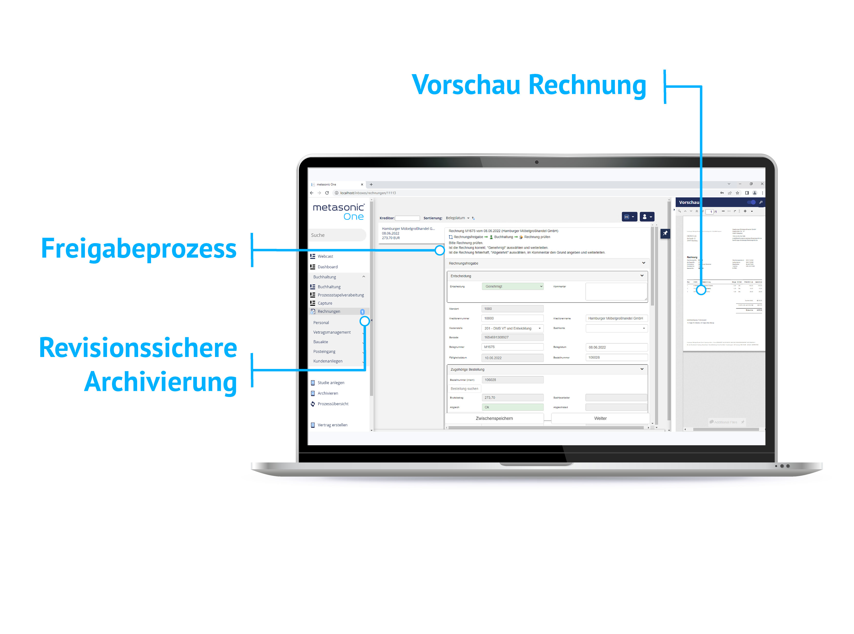 Screenshot in Monitor-Mock-up von einem metasonic-Workflow, der Dokumentenmanagement-Lösung von Allgeier inovar.