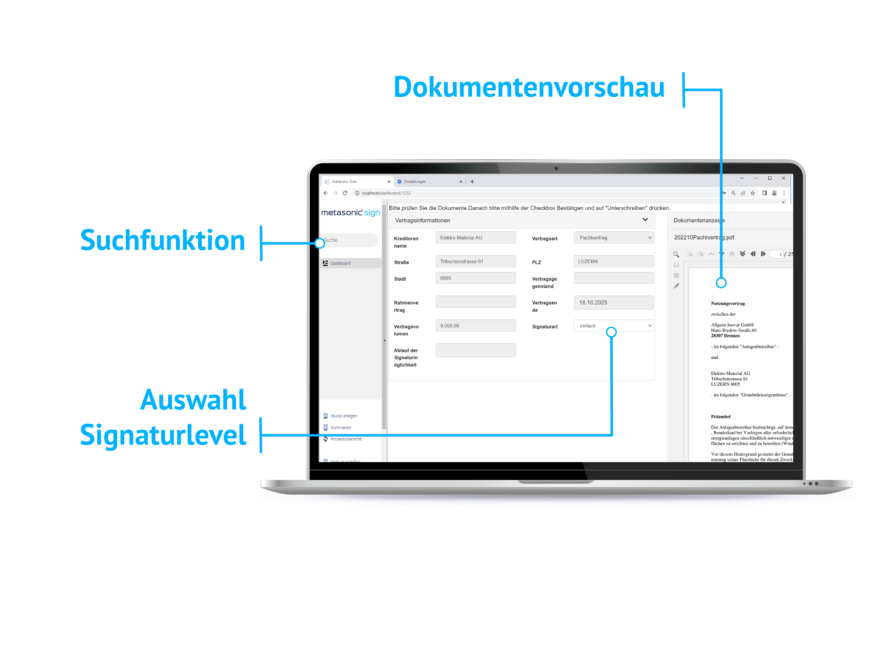 Screenshot in Mockup-Monitor mit Dokumentenvorschau zur digitalen Unterschrift von Allgeier inovar.