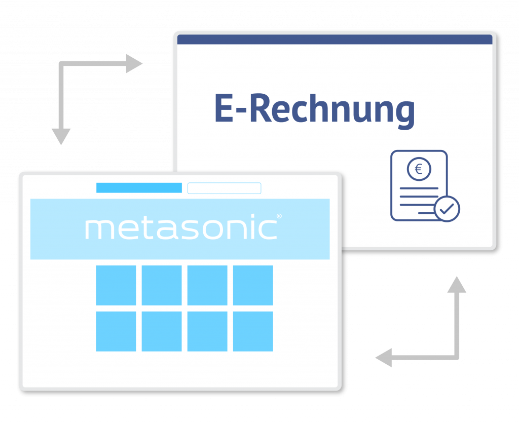 Ein hell gehaltene Grafik in der die Verbindung von R-Rechnung und metaxonic® mit Pfeilen symbolisiert wird.