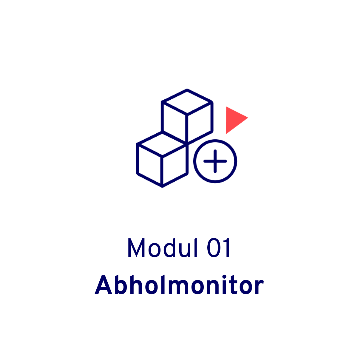 Icon mit kleinen Boxen oder Kartons, einem korallfarbenen Pfeil sowie den Untertiteln Modul 01 und Abholmonitor, in dunkelblau