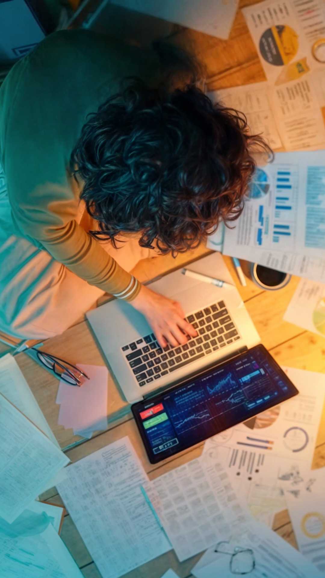 Frau sitzt mit viel Papier und Laptop auf dem Boden ohne die Tools zur Aufgaben-Automatisierung von Allgeier inovar.