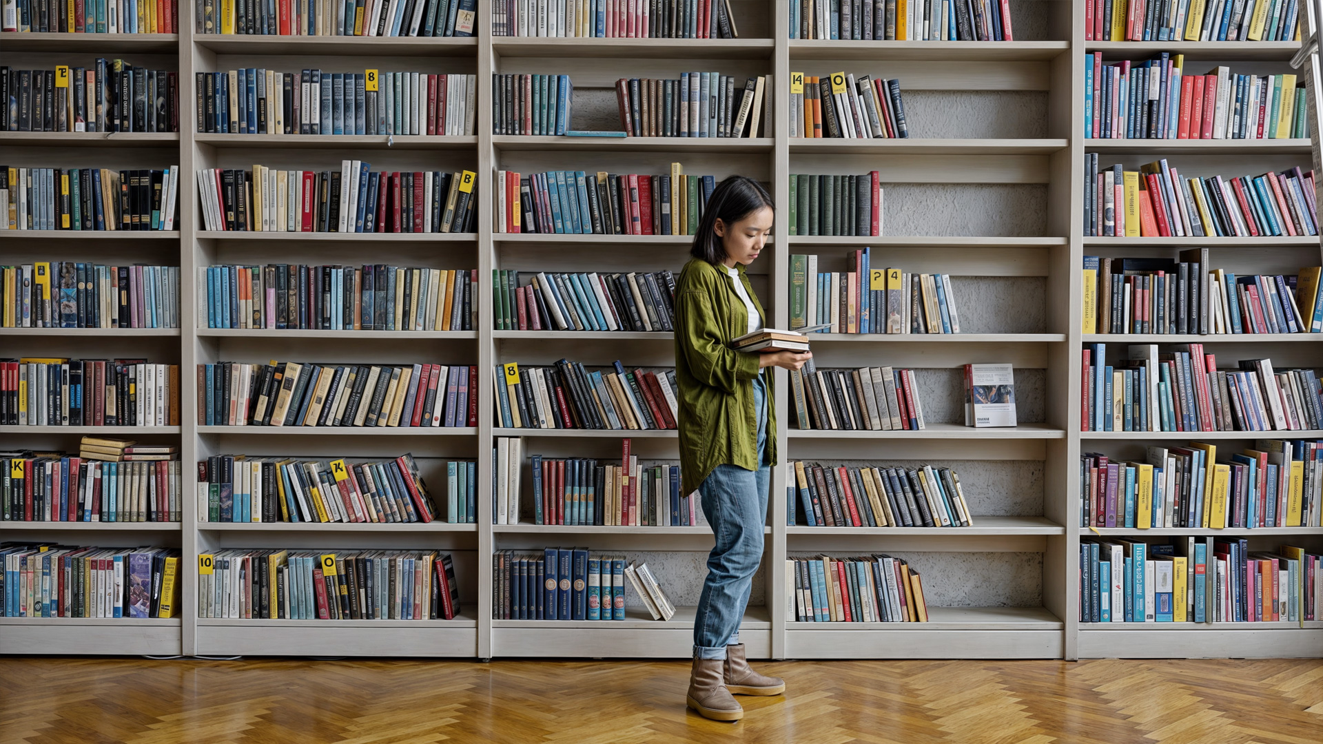 Vor einem strukturierten Bücherregal mit vielen bunten Buchrücken steht eine Frau, die Ihre Dokumenten-Organisation mit Anwendungen von Allgeier inovar managt.