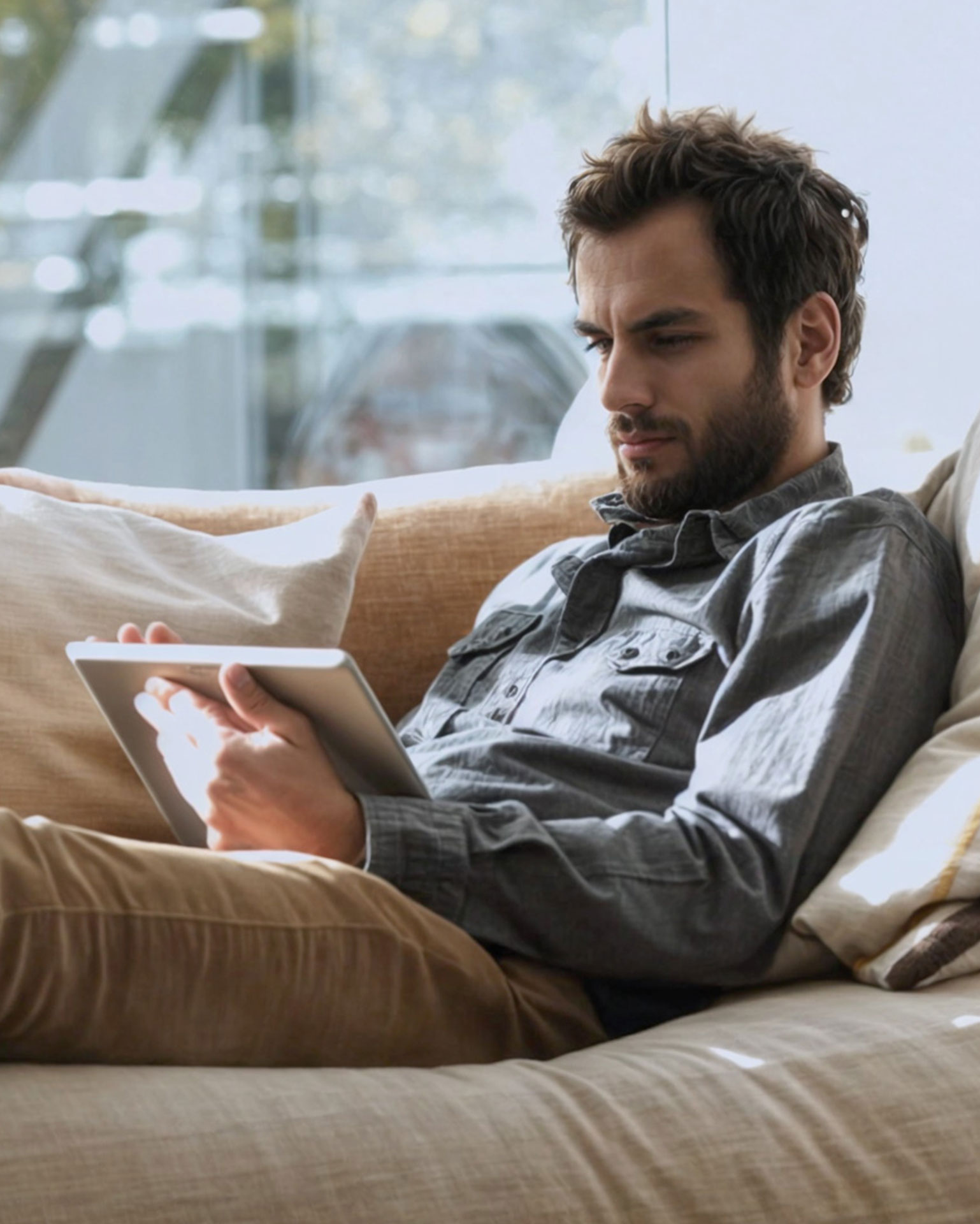 Lockiger Mann mit Bart und Hemd sitzt leger auf einem beigen Sofa und nutzt am Tablet Allgeier Commerce von Allgeier inovar.