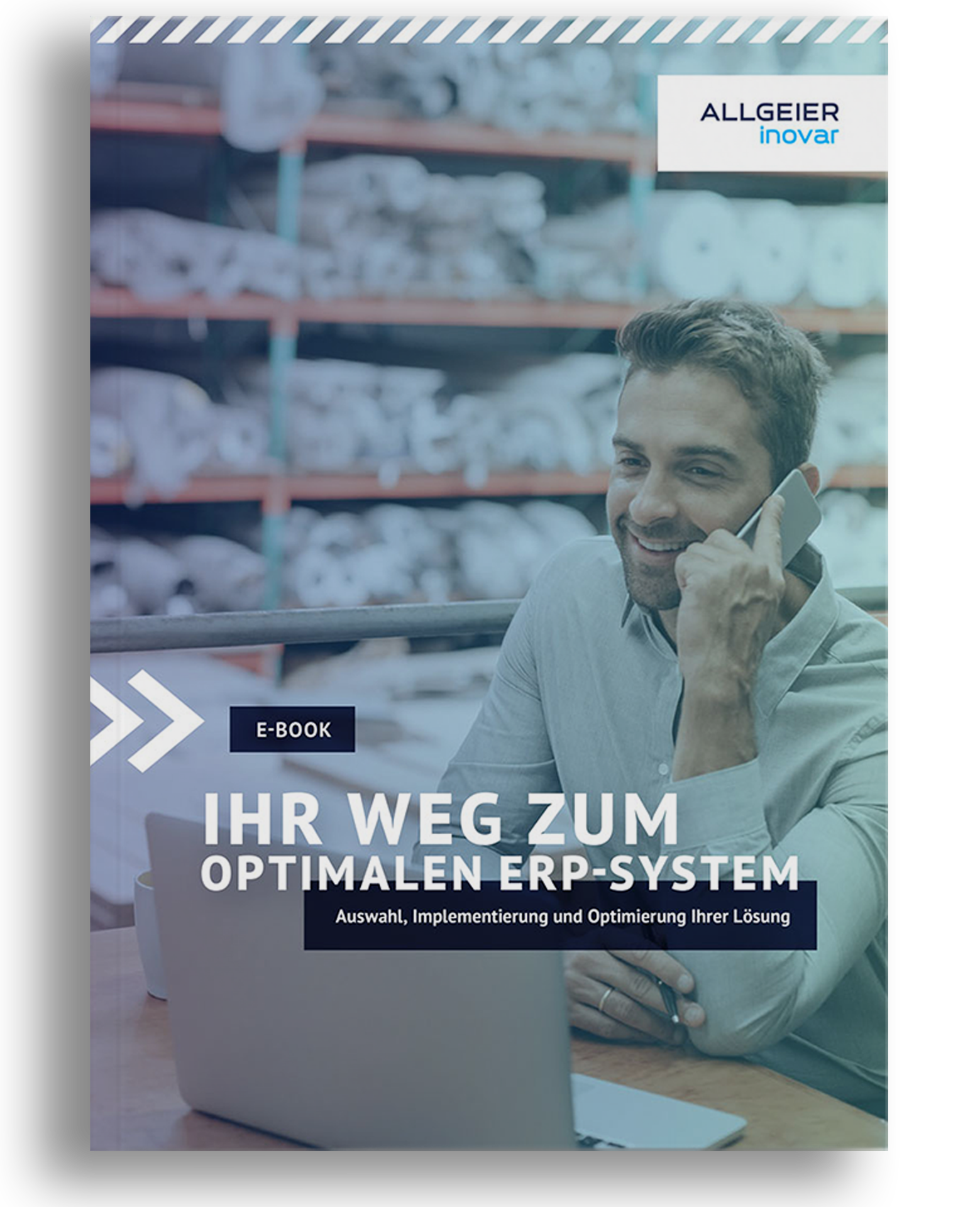 Deckblatt eines E-Books vor blauem Hintergrund zur Implementierung von ERP-Software-Lösungen von Allgeier inovar wie itrade, Business Central oder syntona® logic.