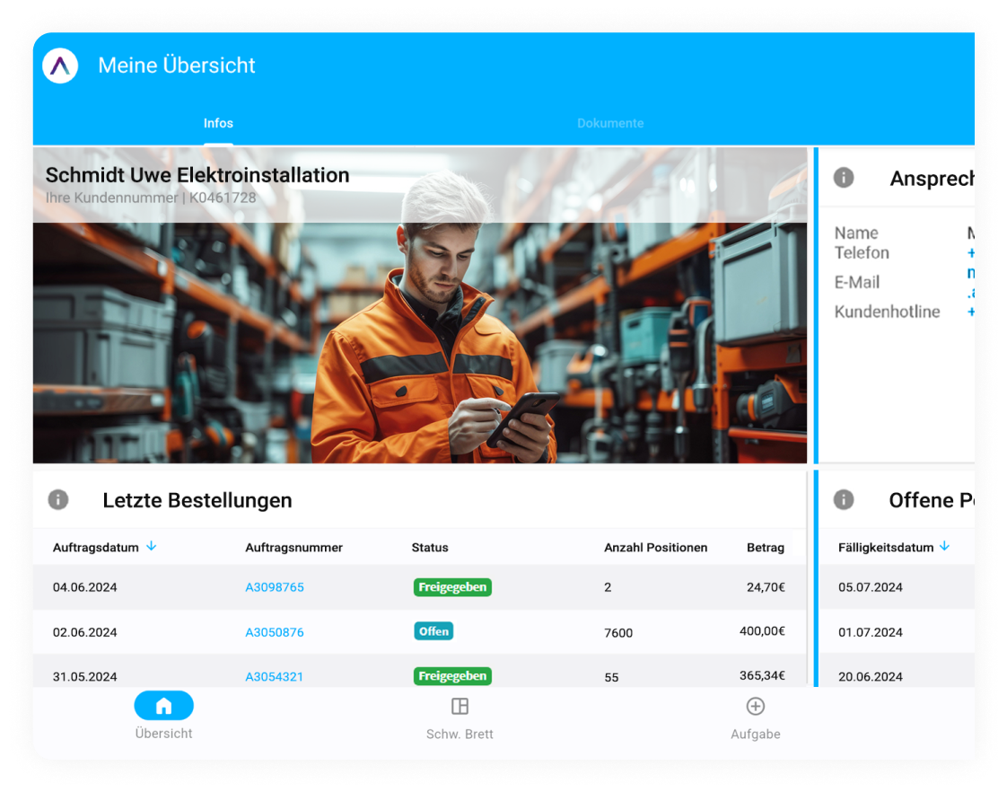 Übersicht über offene Posten und Aufgaben im KundenPortal von Allgeier inovar.