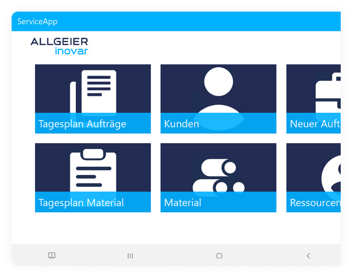 Screenshot von Service App von Allgeier inovar für die digitale Beauftragung von Technikern, Außendienst und Vertragshandwerkern.