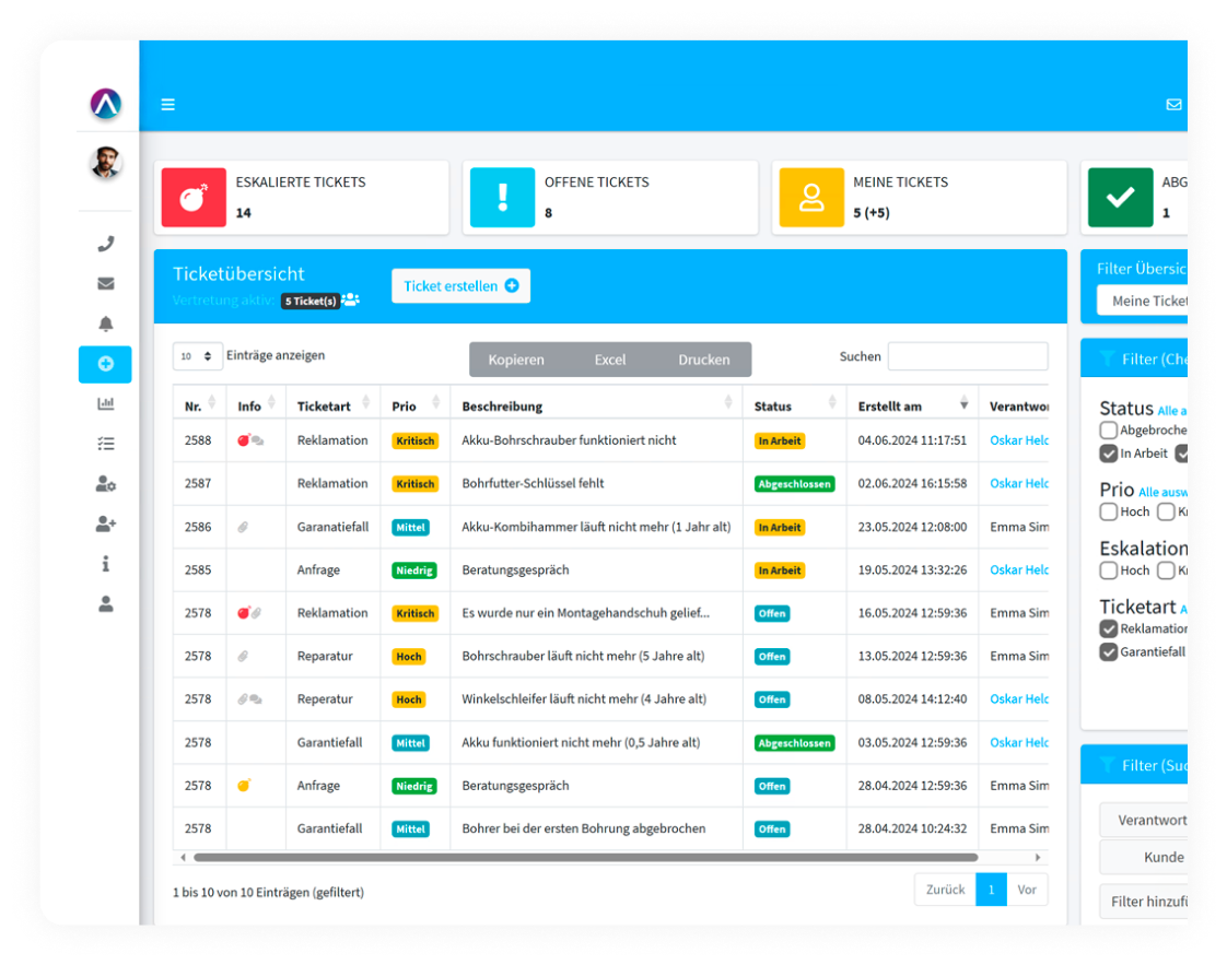 Ticketsystem von Allgeier inovar für die strukturierte Übersicht und das Vorgangsmanagement.