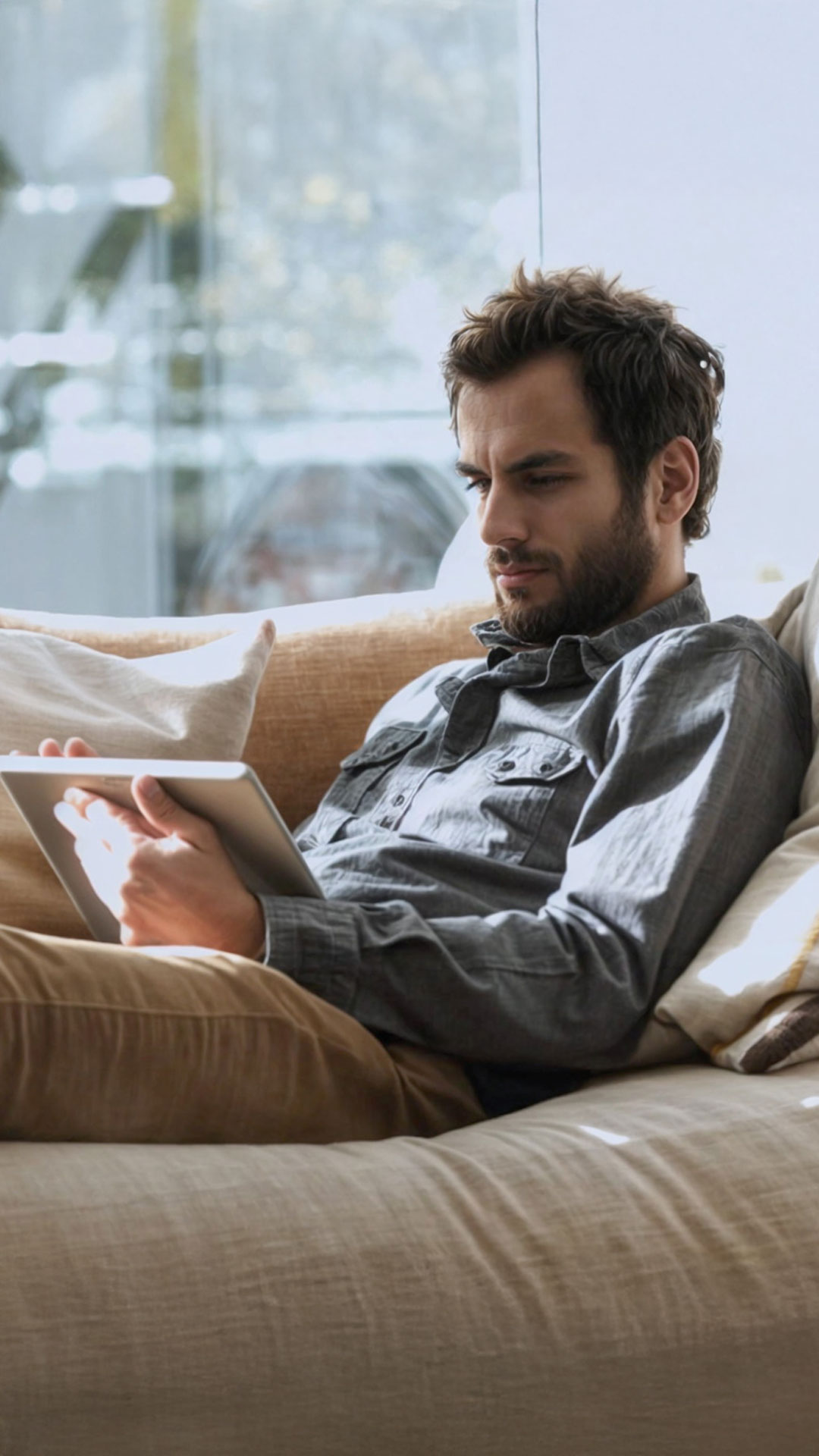 Lockiger Mann mit Bart und Hemd sitzt leger auf einem beigen Sofa und nutzt am Tablet Allgeier Commerce von Allgeier inovar.