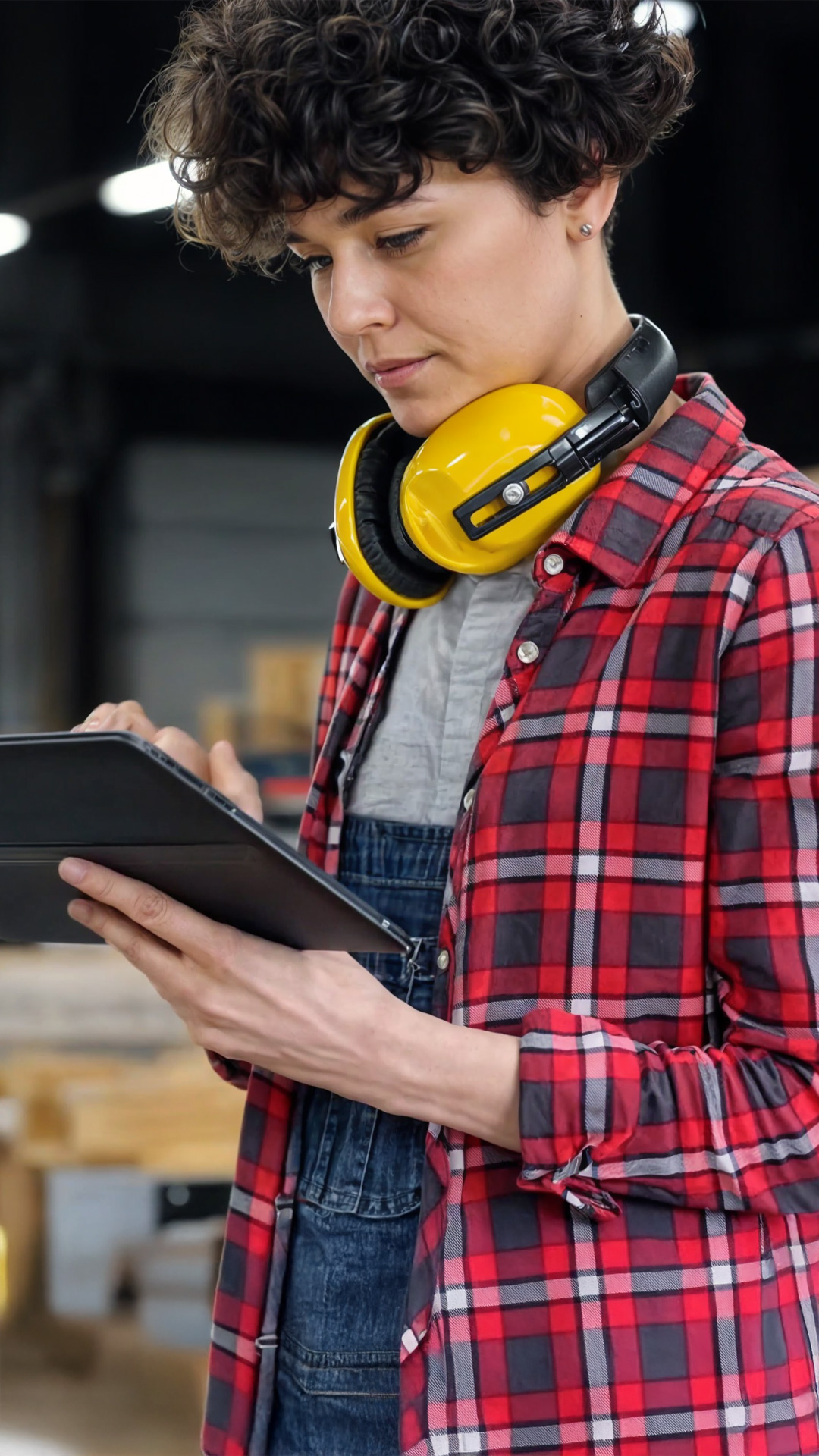 Frau mit dunklen Locken und rot kariertem Hemd trägt gelben Gehörschutz um den Hals und nutzt über ein Tablet syntona® logic von Allgeier inovar.