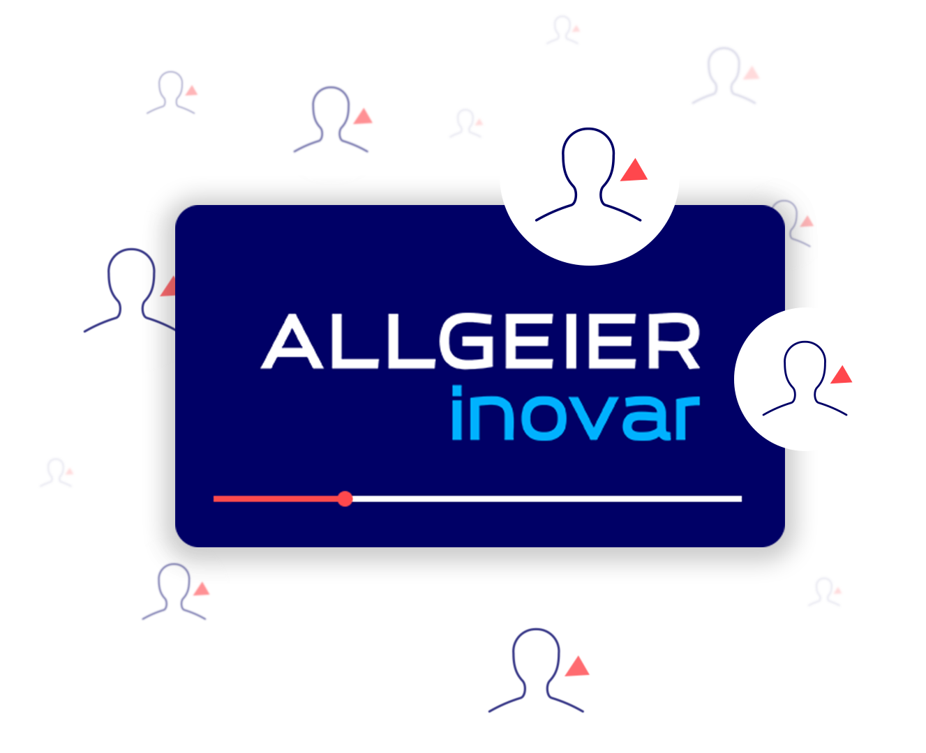 Icon mit Logo von Allgeier inovar auf blauem Hintergrund und angedeuteten Menschen und Teilnehmern bei den Experten-Webinars zu Software-Lösungen von Allgeier inovar.