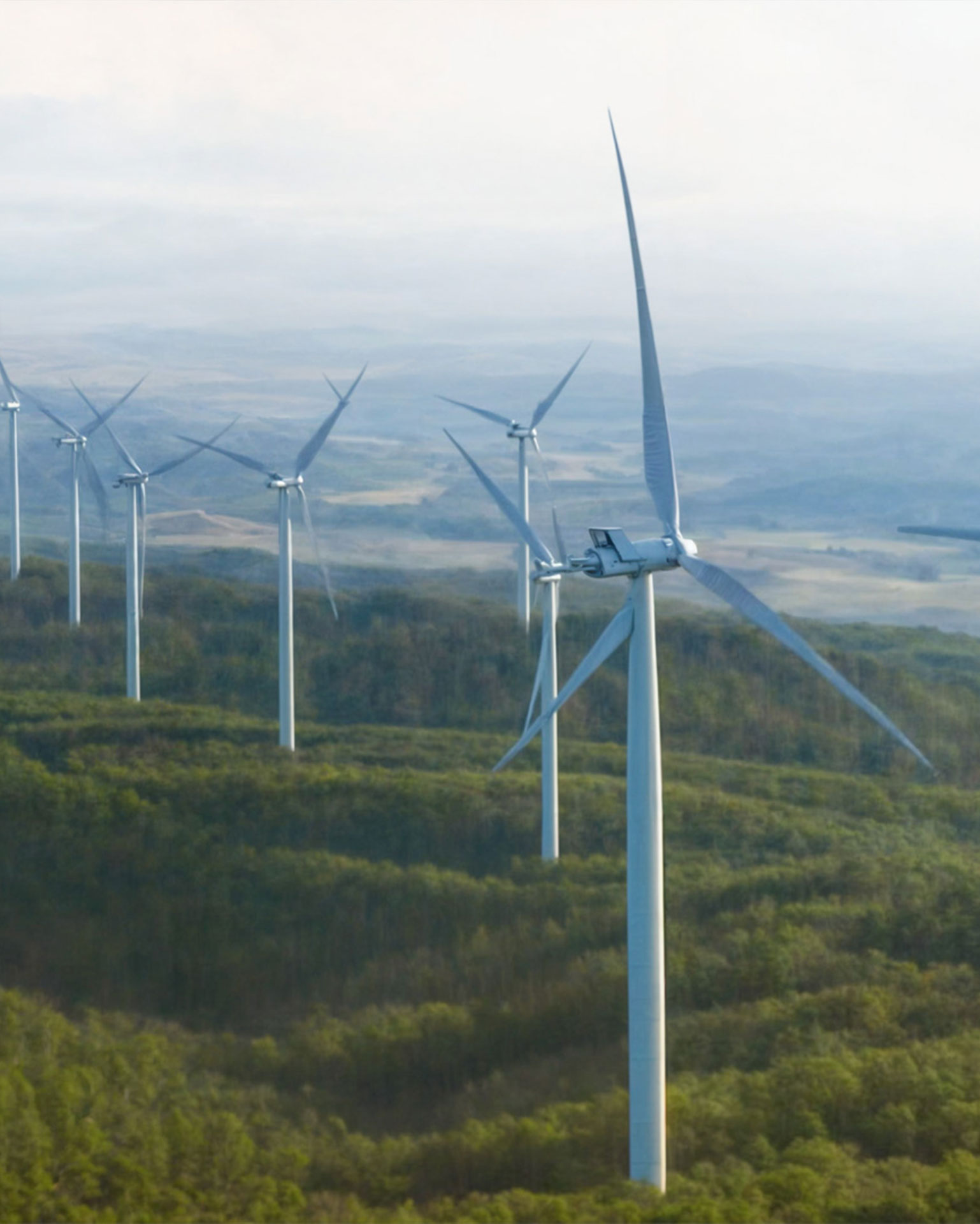 Aus Vogelperspektive eine Reihe von weißen Windrädern über Wald und Horizont mit der Software AURELO Energiepark Manager von Allgeier inovar für die kaufmännische Betriebsführung.