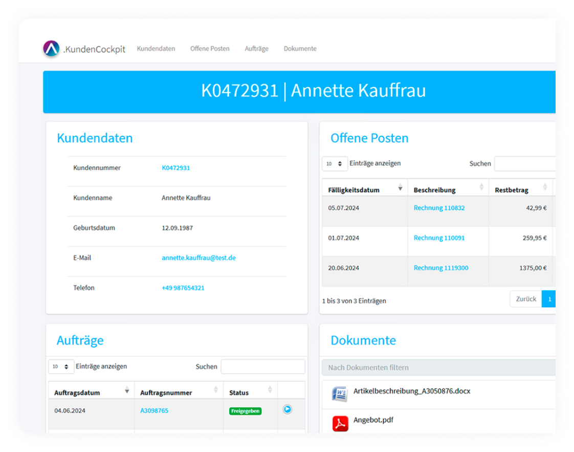 Screenshot von Cockpit von Allgeier inovar und Überblick mit allen relevanten Informationen zu Kunde und Vorgängen in Systemen.