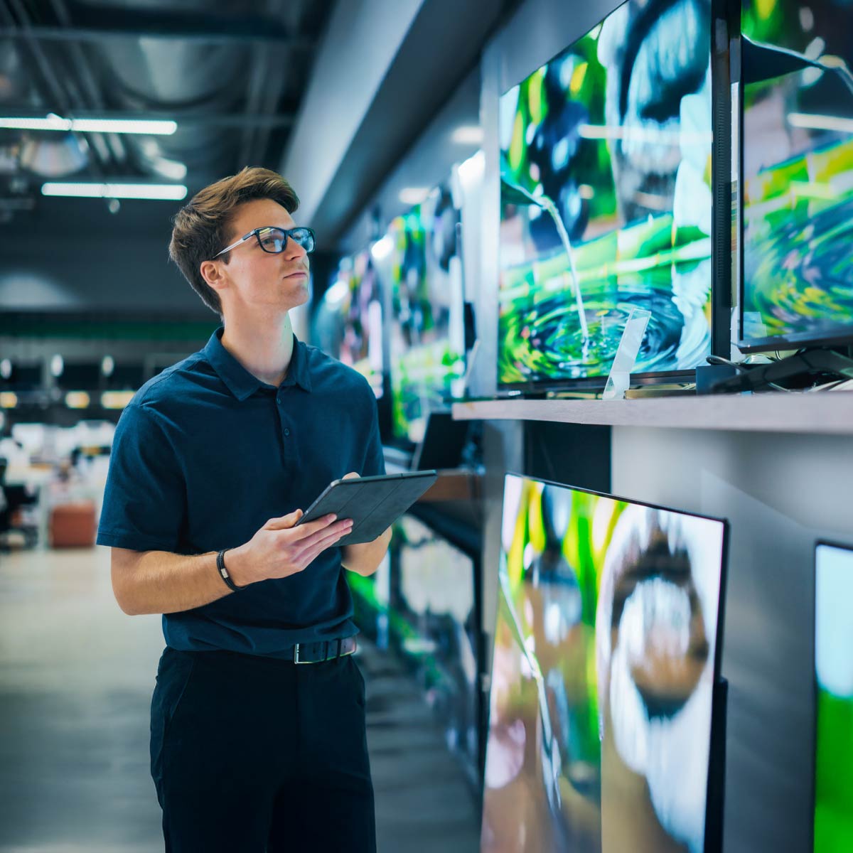 Mann mit Tablet in der Hand und schwarzer Brille und blauem Polo schaut auf Monitore und Großhandel und organisiert das Ordermanagement mit der OrderApp von Allgeier inovar.