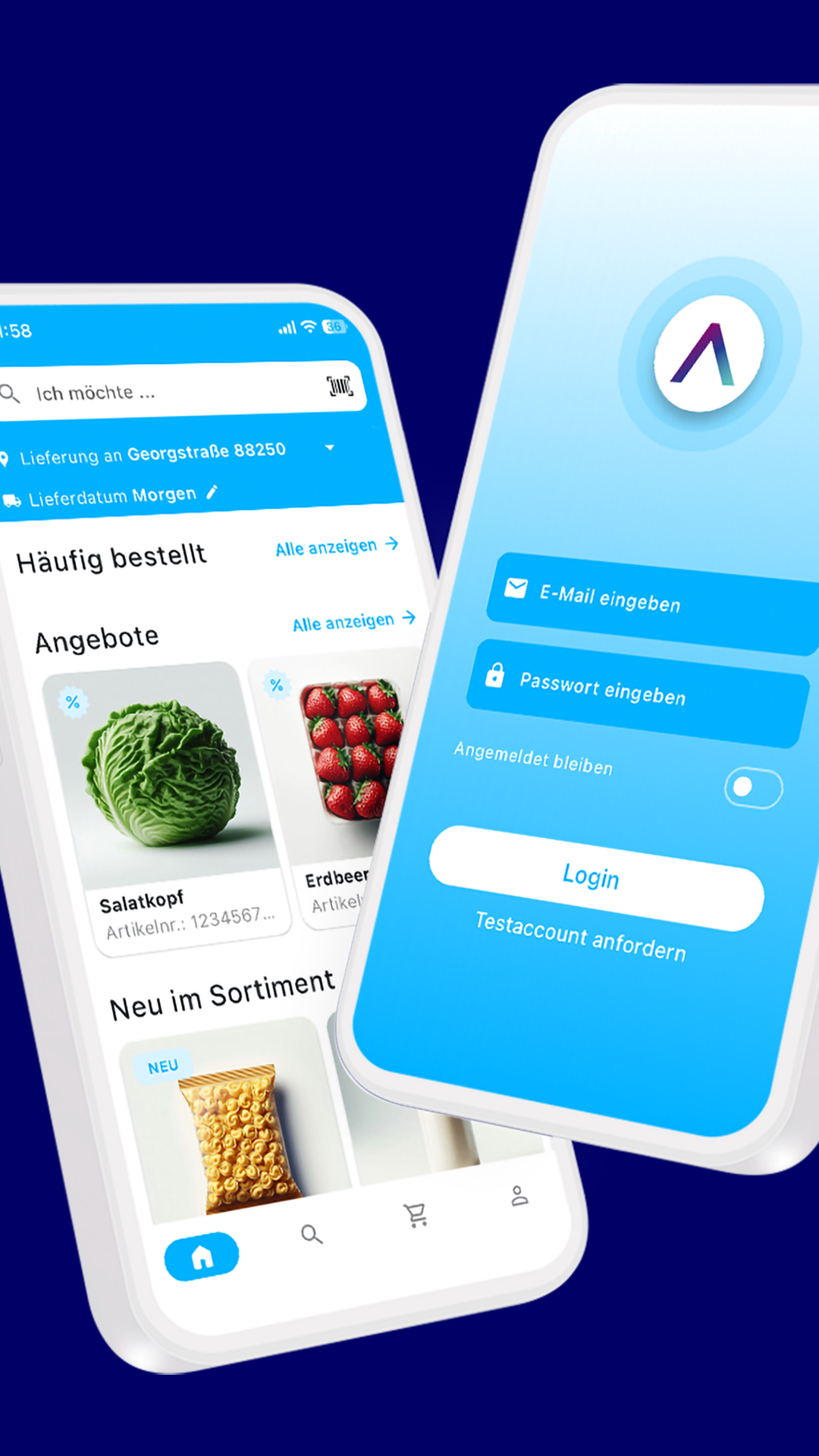 Zwei weiße schwebende Handys auf einem dunkelblauen Hintergrund auf den Displays sind der Login und die Startseite der Allgeier Commerce App zu sehen.