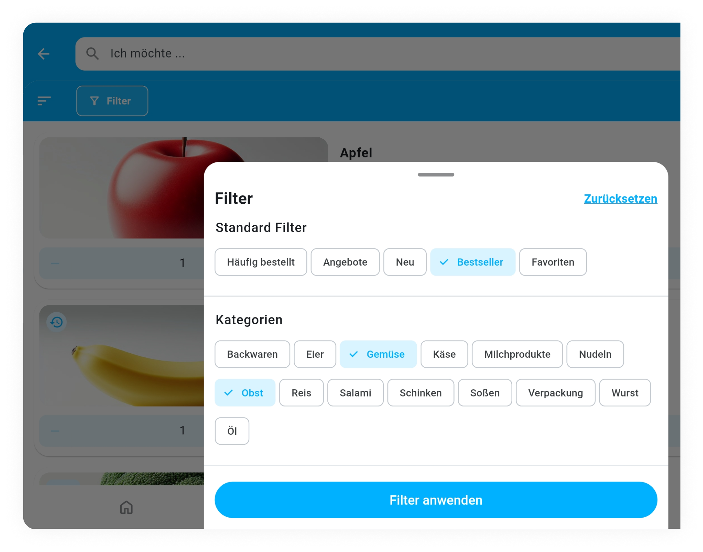 Ein Screenshot der Allgeier Commerce App, der die starke Filterung der App in einem Tablet Mockup zeigt.