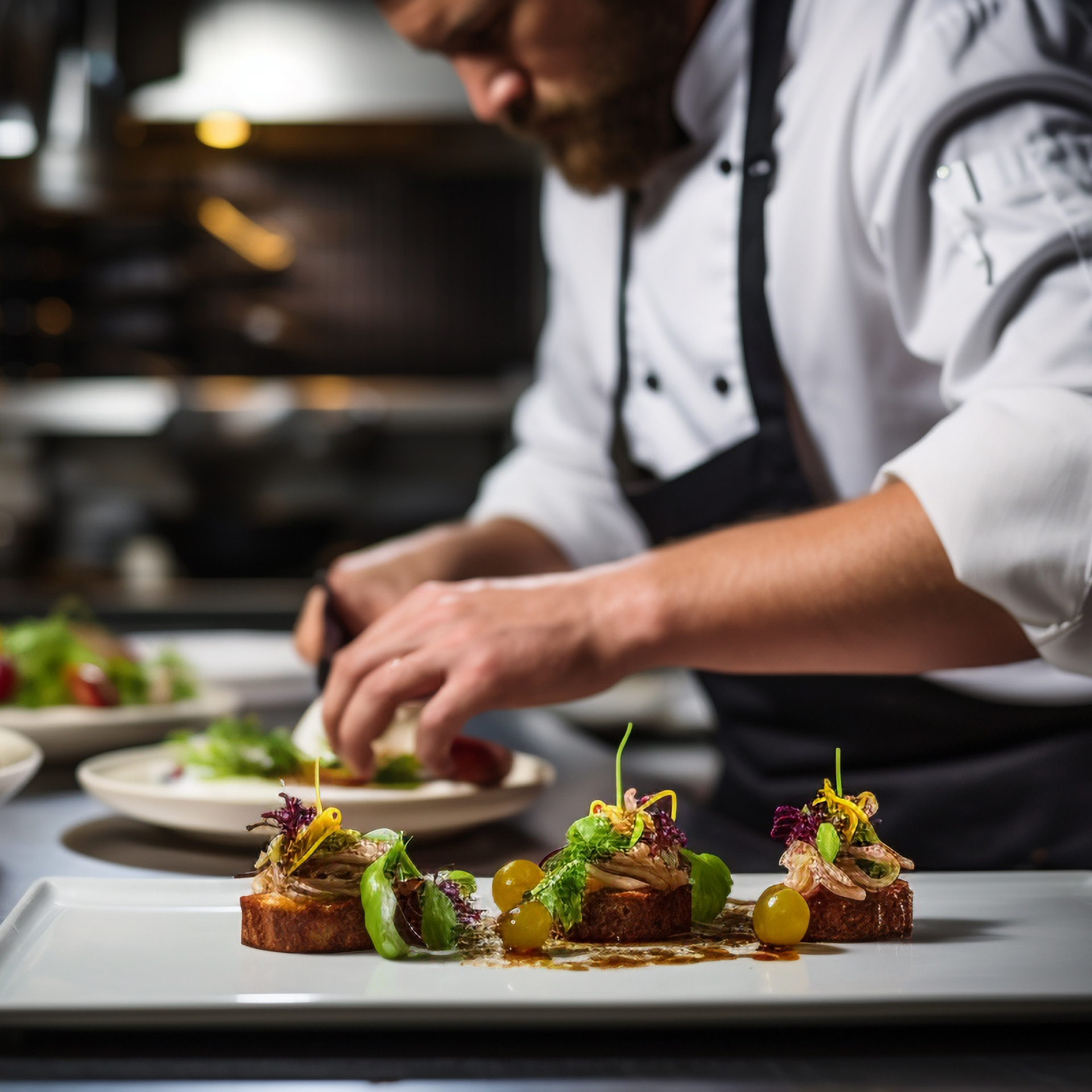 Koch in einer Gastronomie-Küche mit arrangiertem Essen auf einem Teller. Erfolsgeschichte des Allgeier inovar Kundens Schmid Gastro, die mit der Commerce App erfolgreich einen Online-Shop etabliert haben.