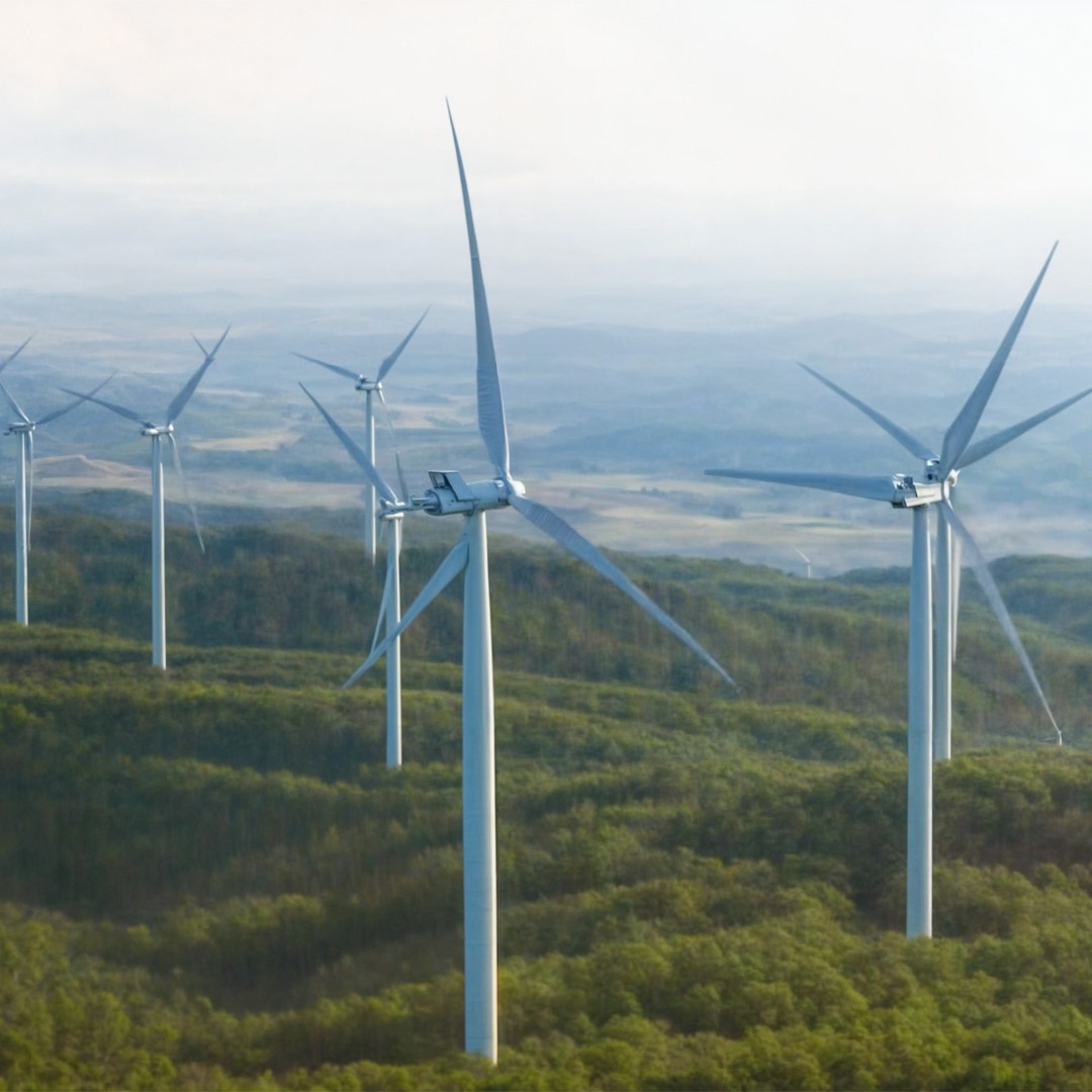 Windräder auf einem freien bergigen Feld.