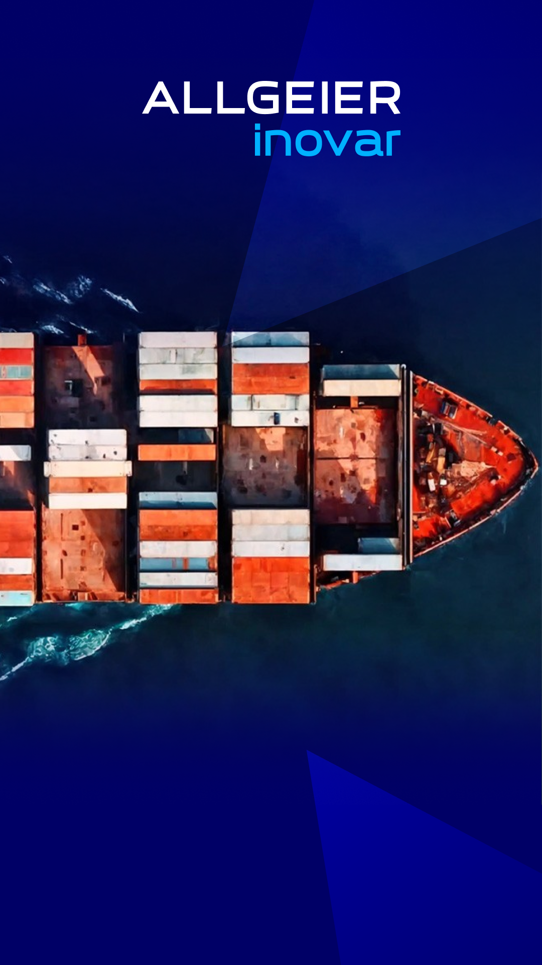 Rotes Containerschidd mit verschiedenen Containers drauf und Logo von Allgeier inovar mit blauen Verläufen.