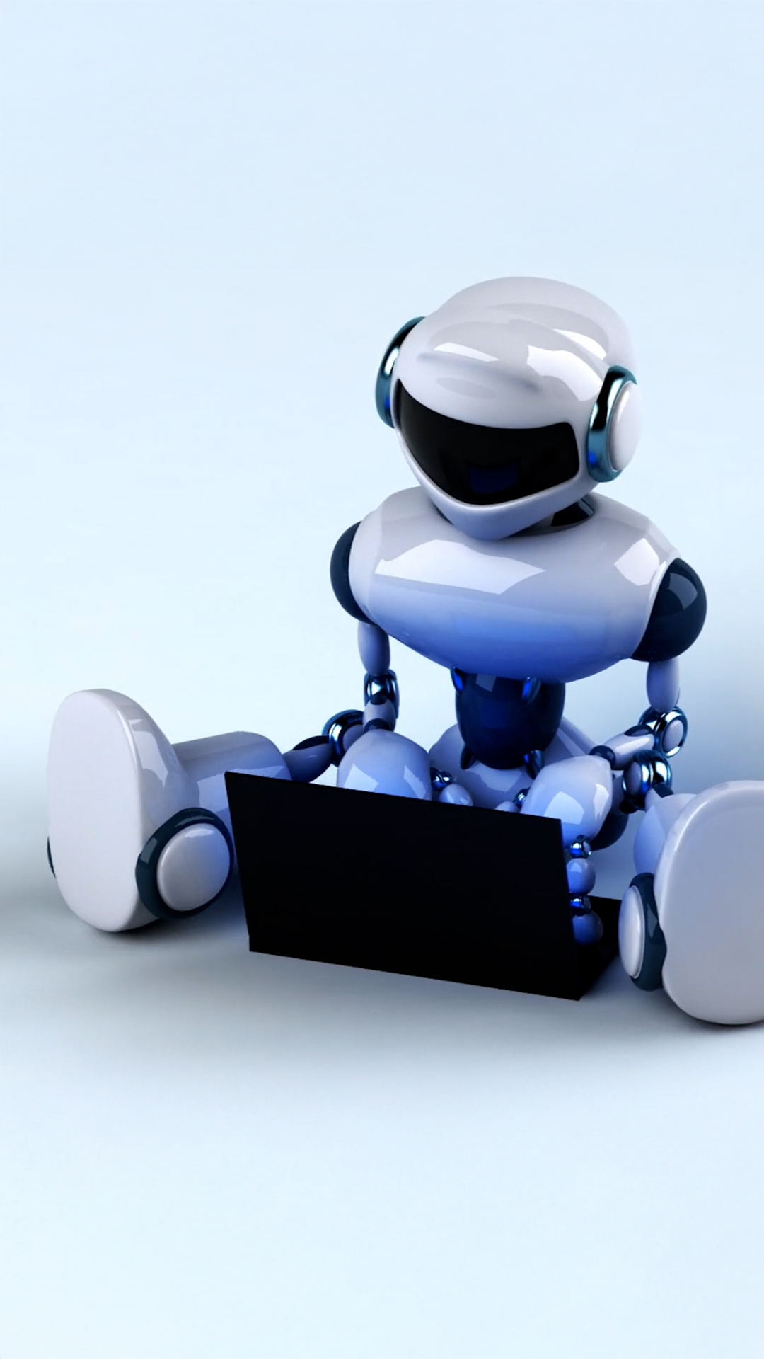 Ein animierter AI-Chatbot, der auf dem Boden sitzt, einen Laptop zwischen den Beinen hat. Fleißig die richtigen Antworten raussucht und sich freut! Er visualisiert den KI "Max" Assistenz im Kunden­service von Allgeier.