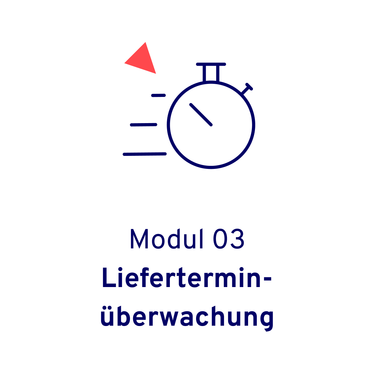Blaues Icon mit einer Stoppuhr zusammen mit einem roten Dreieck. Visualisiert das Allgeier itrade für den Großhandel Modul – Lieferterminüberwachung.