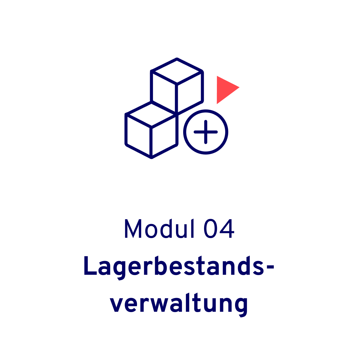 Blaues Icon mit zwei Bauklötzchen und einem Plus in einem Kreis unten rechts zusammen mit einem roten Dreieck. Visualisiert das Allgeier itrade für den Großhandel Modul – Lagerbestandsverwaltung.