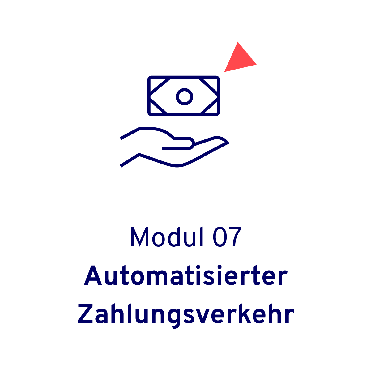 Blaues Icon mit einer offenen Hand, deren Handfläche nach oben zeigt und ein Geldschein, der darüber schwebt zusammen mit einem roten Dreieck. Visualisiert das Allgeier itrade für den Großhandel Modul – automatisierter Zahlungsverkehr.