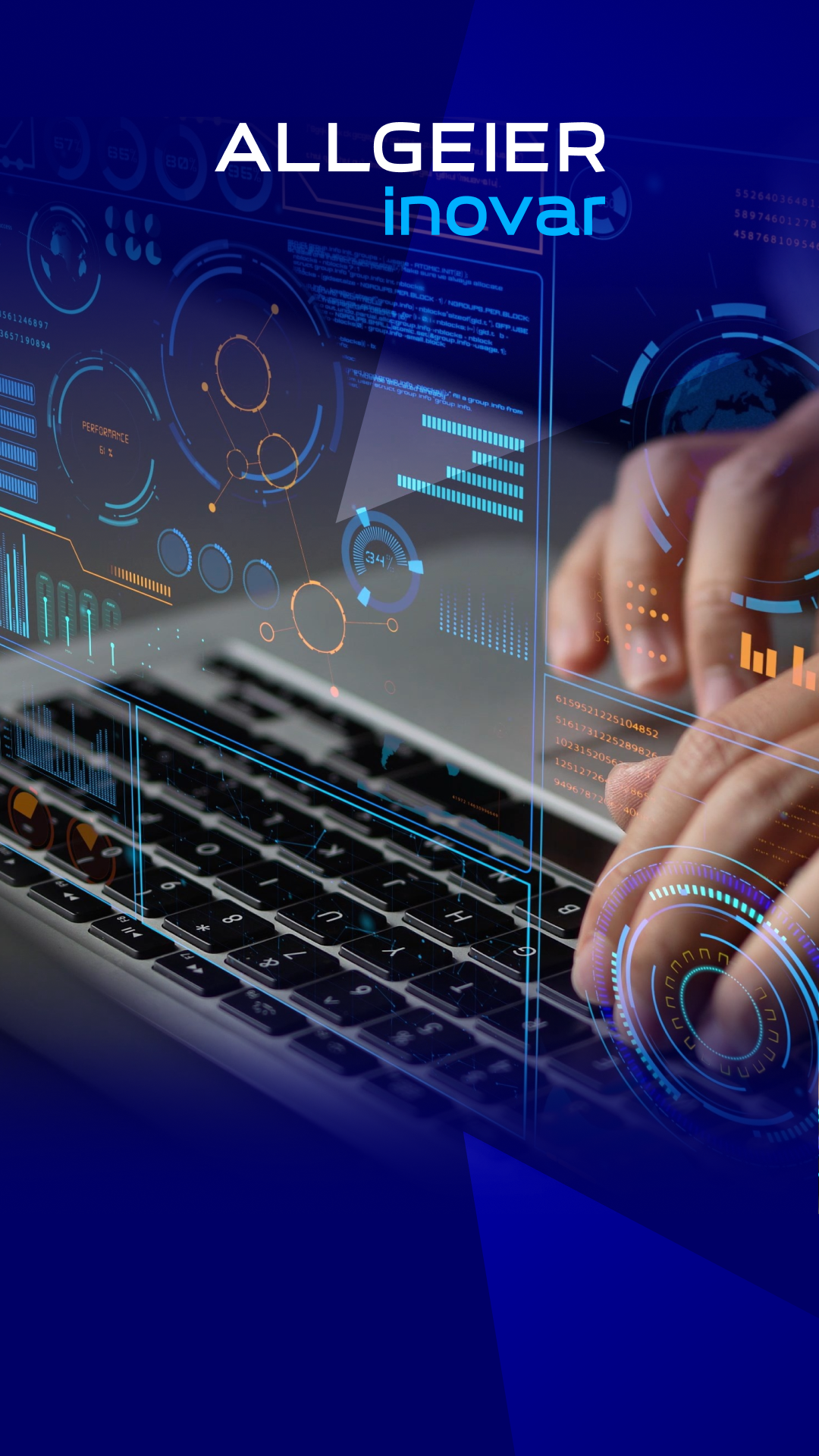 Hände tippen auf einem Laptop, über dem ein digitales Dashboard schwebt.
