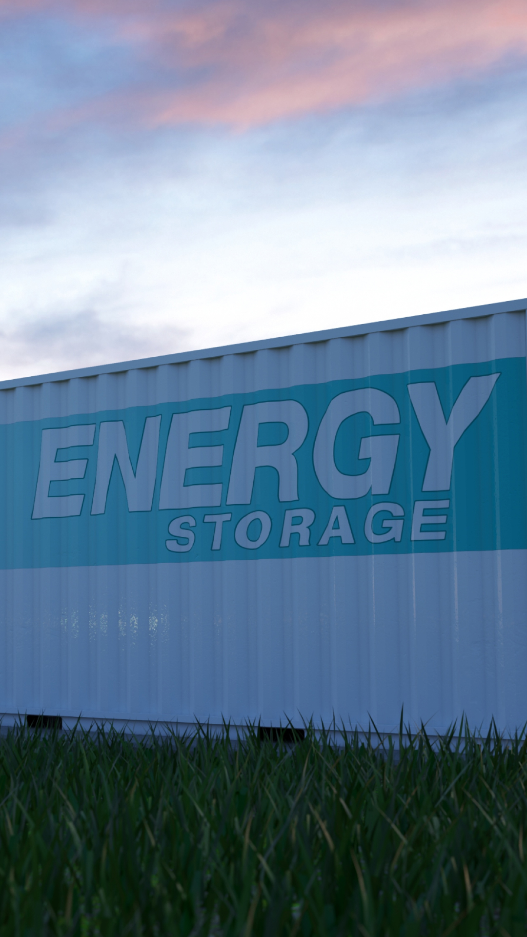 Ein Batteriespeicher für Erneuerbare Energien steht auf einer Wiese.