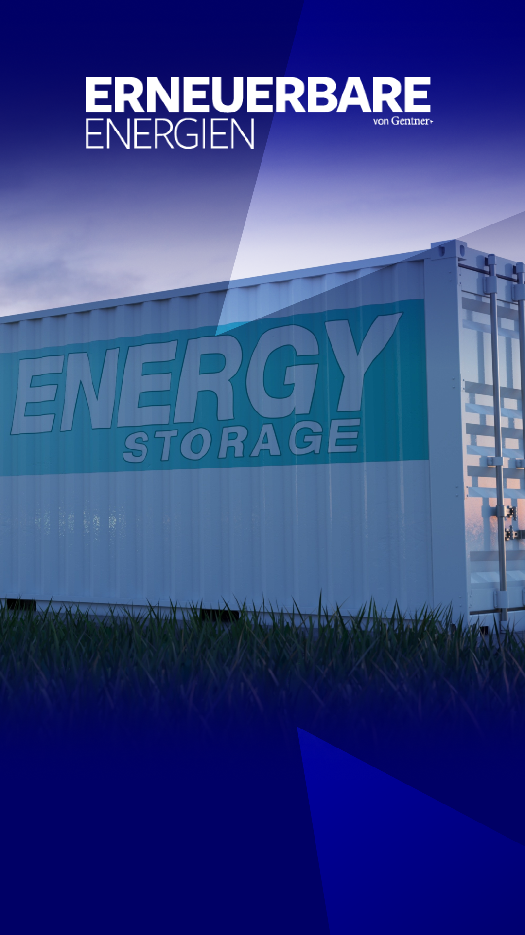 Ein Batteriespeicher für Erneuerbare Energien steht auf einer Wiese, darüber das Erneuerbare Energien Logo.