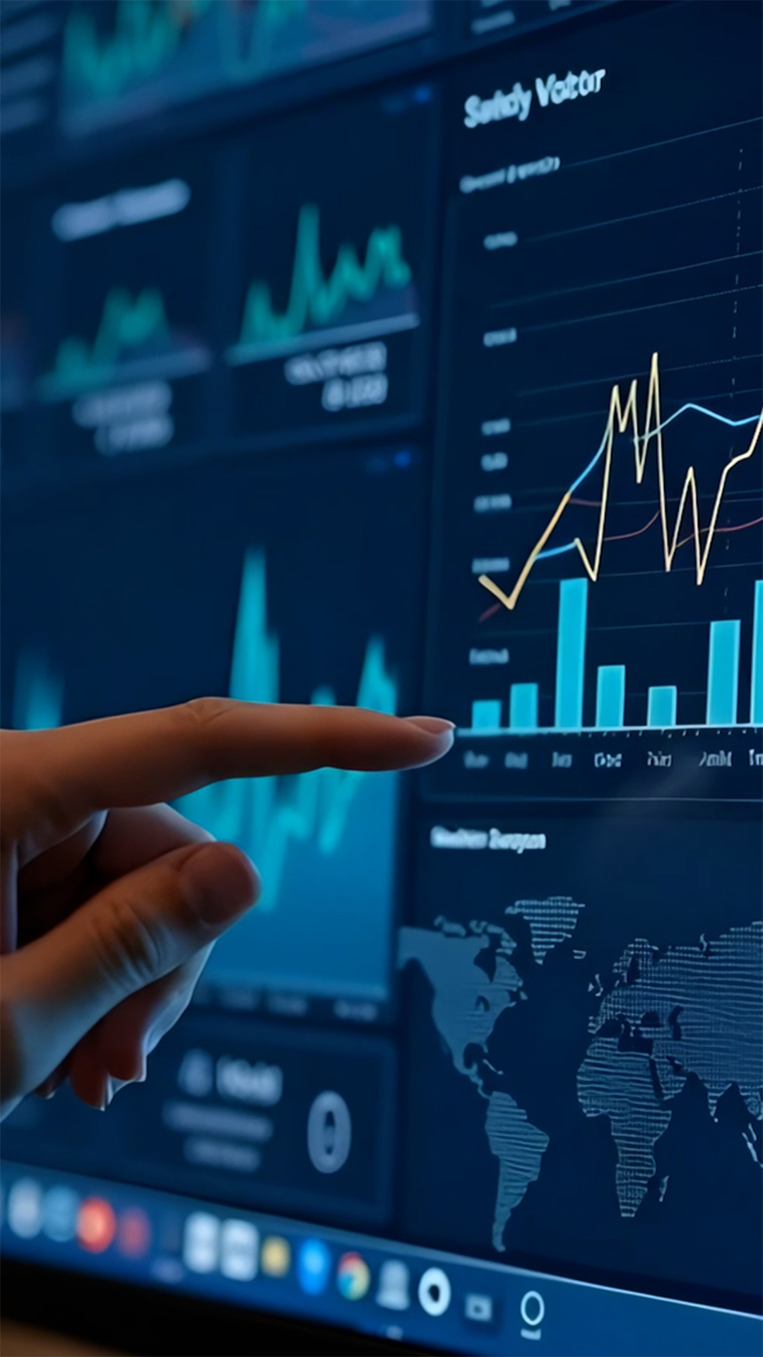 Eine Hand zeigt auf einen Bildschirm auf dem Business Reports abgebildet sind. Das visualisiert wie die Analytics Suite von Allgeier inovar Daten in Entscheidungen umwandelt.